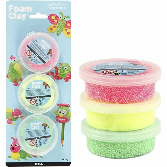 Klei - Lichtgroen, Neon Roze, Neon Geel Boetseerklei - Kinder Klei - Foam Clay - Lichtgewicht Klei - Air Dry Clay - Klei Met Styropor Balletjes - Zelfhardende Klei - 3 x 14 gram