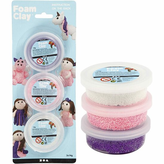 Klei - Roze, Paars, Wit Glitter Metallic Boetseerklei - Kinder Klei - Foam Clay - Lichtgewicht Klei - Air Dry Clay - Klei Met Styropor Balletjes - Zelfhardende Klei - 3 x 14 gram