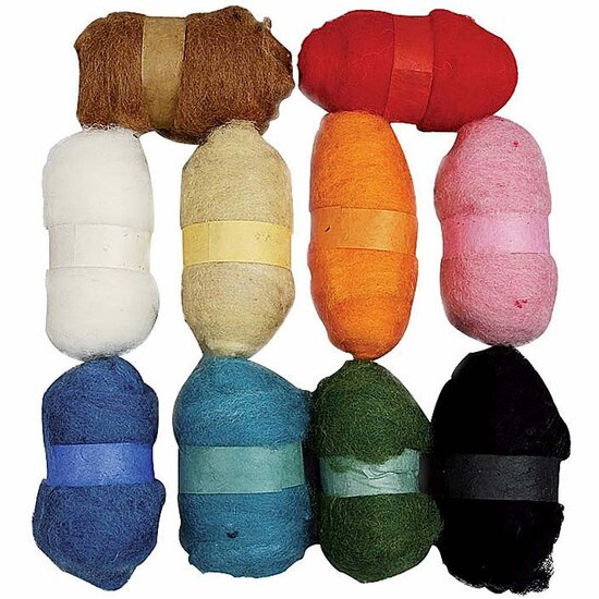 Gekaarde Wol - Diverse Gekleurde Wolvezels Voor Vilten, Handwerk en Naaldkunst - DIY Knutselmateriaal - 10x25 g - Geschikt Voor Creatieve Projecten