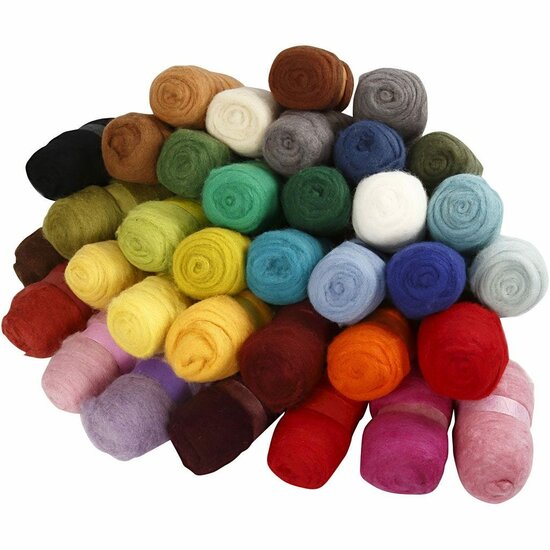 Gekaarde Wol – Wol voor Naaldvilten – Assortiment Gekaarde Wol – Kleuren Assorti Wol – Garen voor Vilten – 35x100gr – Kwaliteitswol voor Handwerk