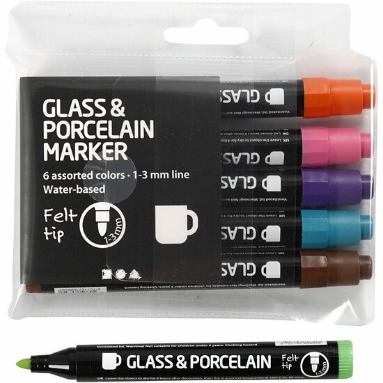 Glas- en porseleinstiften, extra kleuren, lijndikte 1-3 mm, semi-dekkend, 6 stuk