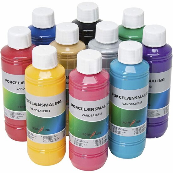 Glasverf - Porseleinverf - Diverse Kleuren - Vanbaseret - Decoreren Porselein - Vaatwasmachinebestendig - 250ml - 10 Stuks - Fixeren op 160°C