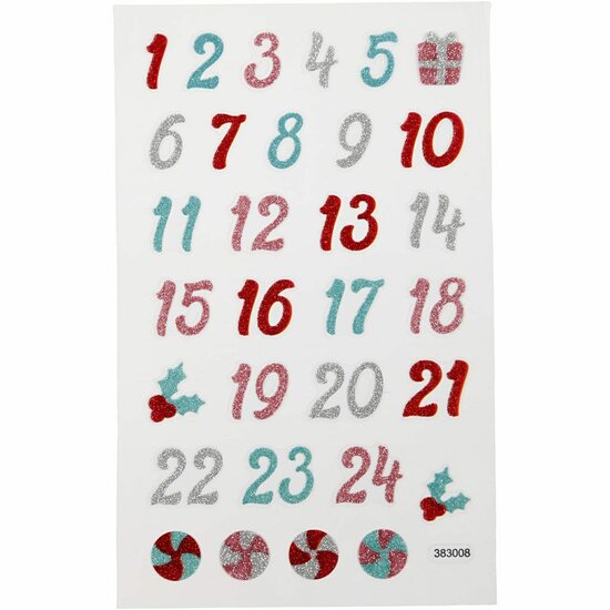 Glitter Stickers - Advent Cijfers - Zelfklevende Glinster Stickers - Feestelijke Versiering - Decoratieve Plakstickers - Luxe Knutselstickers - DIY Wenskaarten & Scrapbooking - 10x16 cm - 1 Vel