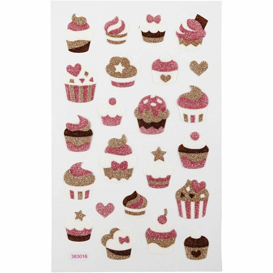 Glitter Stickers - Cupcakes Thema - Zelfklevende Feestelijke Stickers - DIY Versiering - Creatieve Scrapbooking Stickers - Glitter Plakstickers - Luxe Glinster Stickers - 10x16 cm - 1 Vel