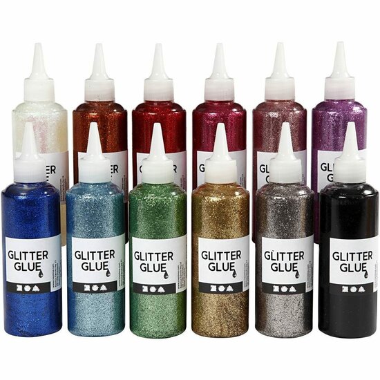 Glitterlijm - Assortiment Kleuren - Decoratieve Glitterlijm - Hoogwaardige Kwaliteit - Sneldrogend - Geleverd in een Handige Fles met Tekenpunt - Geschikt voor DIY, Hobby & Kaarten Maken - 12x118 ml