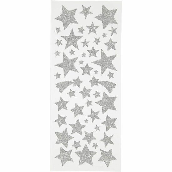 Glitterstickers - Zilveren Sterren - Decoratieve Glitterstickers - DIY Stickers Voor Decoratie - Hobby Glittermateriaal - Stervormige Stickers - 10x24cm - 2 Vel