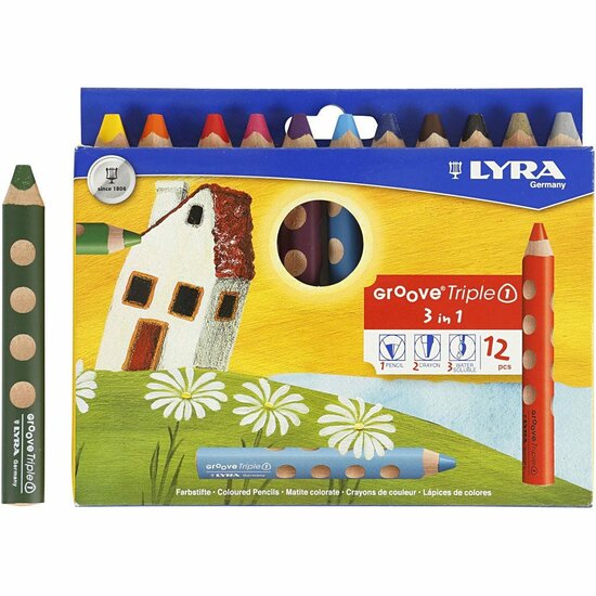 Groove Triple1 Kleurpotloden - 3-in-1 Aquarel, Waskrijt & Kleurpotlood - Ergonomisch - Driehoekige Grip - 12 Kleuren - 12 cm - 10 mm Vulling - Inclusief Puntenslijper - Veelzijdige Kleuren voor Creati