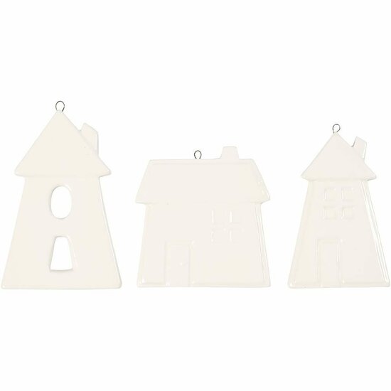 Hangende ornamenten, wit, huizen, H: 7,6-9,7 cm, 18 stuk/ 1 karton