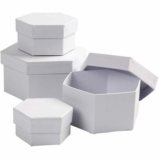 Hexagonale Dozen - Zeshoekige Houten Dozen - Opbergdozen Set - Witte Decoratieve Dozen - DIY Bewaardozen - Hoogte 4+5+6+7cm - Diameter 6,5+8+10+12cm - 1 Set