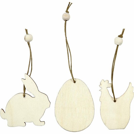 Houten decoraties, konijn, ei, kip, afm 6 cm, dikte 3 mm, 9 stuk