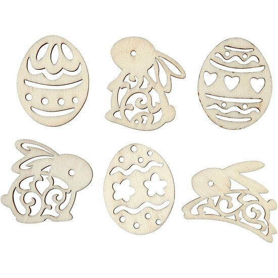 Houten Paasfiguren - DIY Houten Decoratie - 40 mm Hoog - 3 mm Dikte - 24 Stuks - Set met 6 Designs