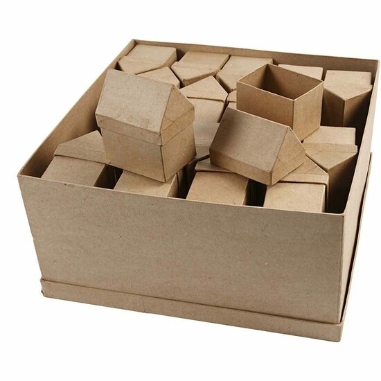 Papier-maché huisjes - Kleine Kartonnen Huisjes - DIY Decoratie Voor Feestdagen, Tafeldecoratie & Hobbyprojecten - Bruin Karton - H:10,5cm - Afm. 6x8,5cm - Set Van 40 Stuks
