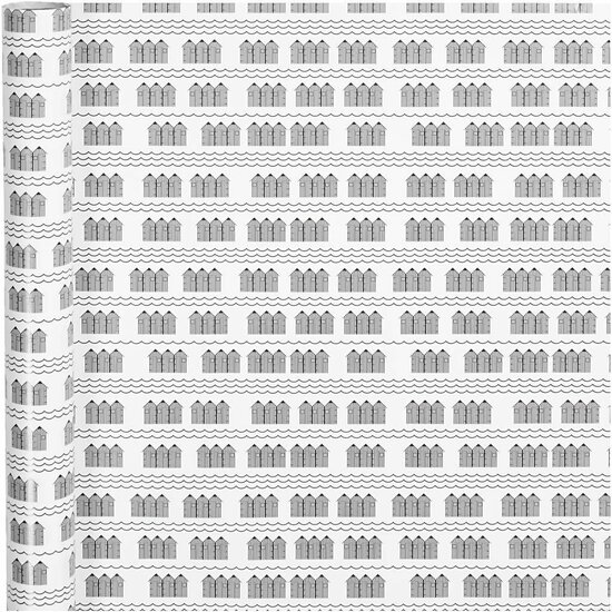 Inpakpapier - Zwart En Wit Badhuis Print - Feestelijke Geschenkverpakking - Decoratief Luxe Cadeau Rolpapier - DIY Cadeaupapier Voor Hobbyprojecten - B: 70 cm - 4 m - 80 gr - 1 rol