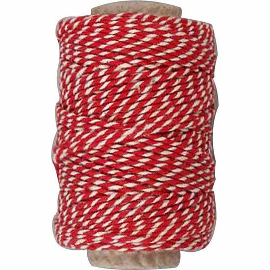 Rood/Wit Katoenkoord - Gestreept Geschenkkoord - Decoratief Hobby Touw voor Inpakken, DIY Handwerk & Kerstdecoraties - 1,1 mm Dikte - 50 m Rol