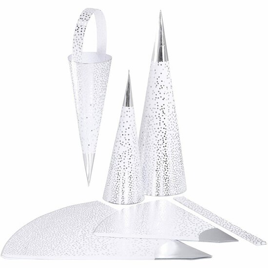 Kegels - Kegelvorm Papier Voor Knutselprojecten - DIY Kegel Papier - Kegelvormige Decoratie - Wit en Zilver Kegel Lijf - 18+28 cm - 3 Stuks