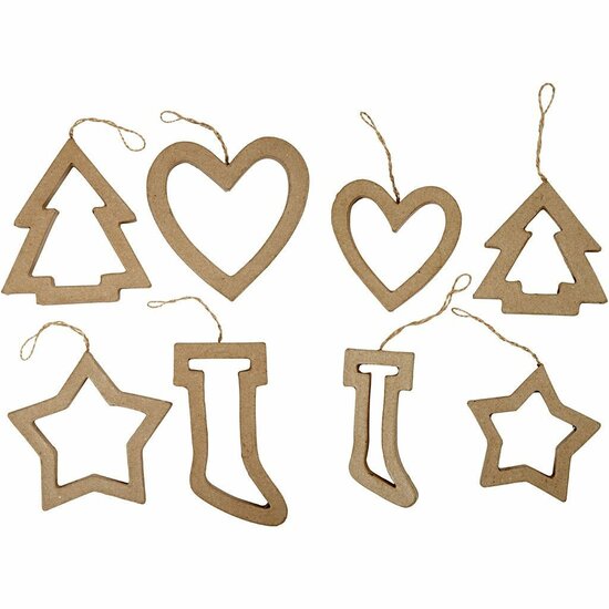 Kerst Ornamenten - Papier Maché Kerstdecoratie - Jute Ophangkoord - Kerstdecoratieset - 4 Designs - 9+12 cm - 24 Stuks