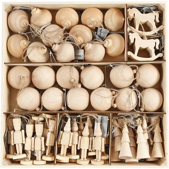 Houten Kerstfiguren Set - DIY Kerstdecoratie - 72 Stuks Creatieve Kerstversieringen met Ophangkoord - Diverse Designs Inclusief Kabouter, Kerstbal & Boom - 5,5-9 cm Hoog
