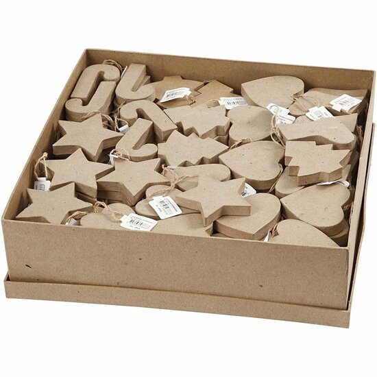 Kersthangers - Kerstdecoratie - Handgemaakte Kerstversiering - Papier-maché Kerstvormen - Kerstversiering Hangers - Kerstboomversiering - 6 Vormen - 174 Stuks - Jute Ophanglus
