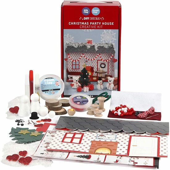 DIY Kersthuis Knutselset - Complete Creatieve Set met Foam, Silk Clay, Glitterlijm & Houten Onderdelen - Perfect voor Kinderen & Hobbyisten - Inclusief Instructies