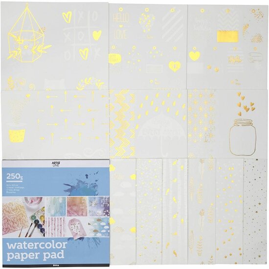Aquarel Kleurboek - Waterverf Tekenblok met Goudfolie Motieven - DIY Kleurplaat Set voor Creatieve Kunstprojecten - 30,5x30,5 cm - 12 Vellen
