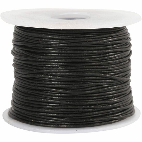 Leerkoord - Zwart Leren Koord - Hobbykoord Van Leer - Leather Cord - Draad Voor Sieraden Maken - Macramé Koord - Zwart - Dikte 1mm - Lengte 50m - 1 Rol