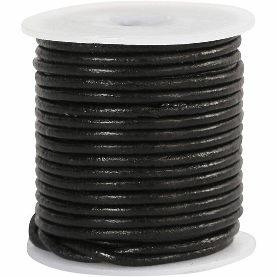 Leerkoord - Zwart Leren Koord - Hobbykoord Van Leer - Leather Cord - Draad Voor Sieraden Maken - Macramé Koord - Zwart - Rond - Dikte 2mm - Lengte 10m - 1 Rol