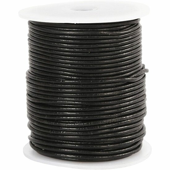 Leerkoord - Zwart Leren Koord - Hobbykoord Van Leer - Leather Cord - Draad Voor Sieraden Maken - Macramé Koord - Zwart - Echt Leer - Dikte 2mm - Lengte 50m - 1 Rol