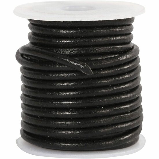 Leerkoord - Zwart Leren Koord - Hobbykoord Van Leer - Leather Cord - Draad Voor Sieraden Maken - Macramé Koord - Zwart - Dikte 3mm - Lengte 5m - 1 Rol