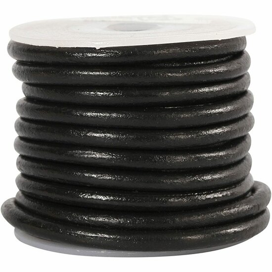 Leerkoord - Zwart Leren Koord - Hobbykoord Van Leer - Leather Cord - Draad Voor Sieraden Maken - Macramé Koord - Zwart - Dikte 4mm - Lengte 5m - 1 Rol
