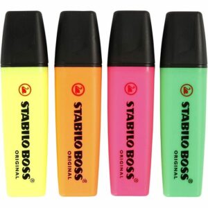 Markeerstiften, neon groen, neon oranje, neon roze, neon geel, 4 stuk