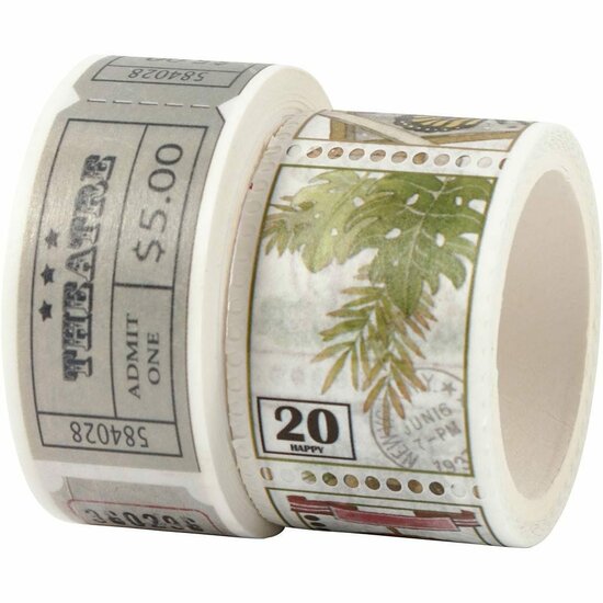 Masking Tape Set - Tickets & Natuurmotieven - Decoratieve Washi Tape - DIY Scrapbooking - Cadeauversiering - DIY Knutselen - Breedte 20+25mm - Lengte 3+5m - 2 Rollen