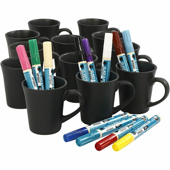 Porseleinen Mokken Schilderen - Mokken Beschilderen Set - DIY Porseleinverf - Creatieve Materialenset - Zwarte Porseleinen Mokken - 36 Stuks