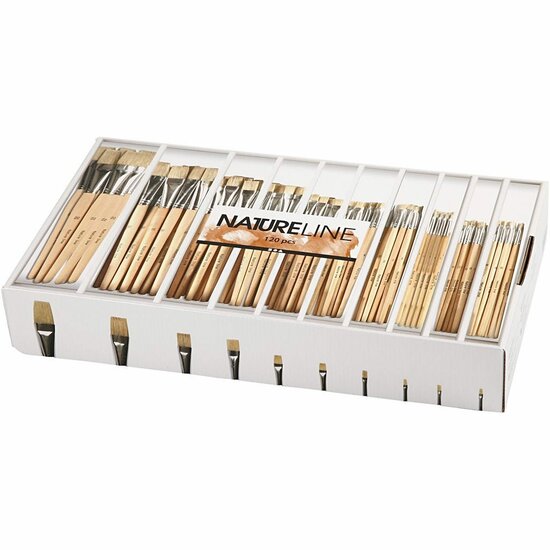 Nature Line Kwasten - Set van 10 Platte Varkensharen Kwasten - Geschikt voor Acryl, Olieverf & Gouache - Houten Steel - Diverse Maten - 00 t/m 22 - 17,5 - 20,5 cm
