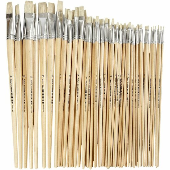 Nature Line Kwasten - 6 Luxe Varkensharen Kwasten - Extra Lange Houten Steel - Geschikt voor Acryl- & Olieverf - 27,5 - 33 cm - 5-19 mm Breed
