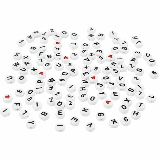 Letterkralen - Kralen met Zwarte Letters - Rond Wit - Diameter 7mm - Gat 1,2mm - DIY Sieraden - 200 Stuks