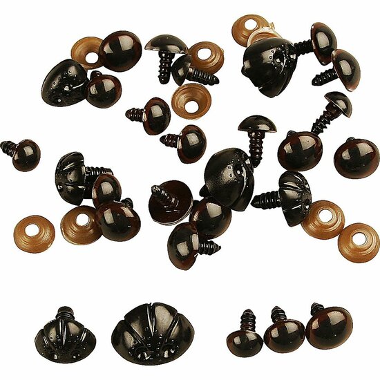 Neuzen en Ogen - Knuffels, Teddyberen Maken - Neusjes Haken Naaien - Driehoek Neusje - Bruine Oogjes - Zwarte Neusjes - Dia: 10+12,5+15mm - Afm. 15+25 mm - 12 Stuks