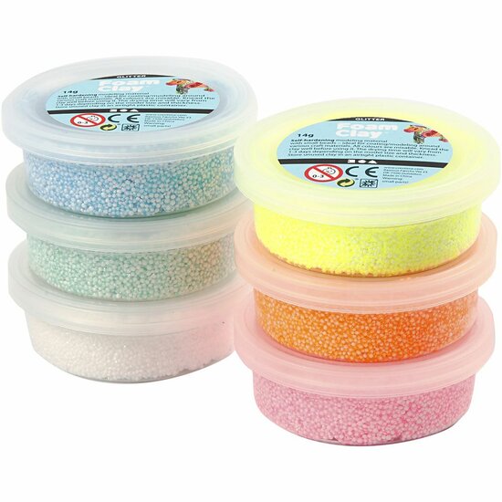 Klei - Pastelkleuren Glitter Boetseerklei - Kinder Klei - Foam Clay - Lichtgewicht Klei - Air Dry Clay - Klei Met Styropor Balletjes - Zelfhardende Klei - 6 x 14 gram