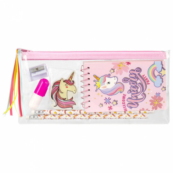 Schoolset UNICORN - Schrijfwarenset - Schrijfset - Tekenset - Back To School - Schoolbenodigdheden - Schrijven - Puntenslijper - Gum -Notitieboekje - Liniaal - 2 Potloden - Pennendoosje - Dino Dinosaurus