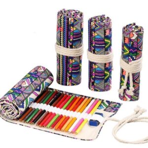 Roletui - Oprolbare Etui - Schooletui - Etui voor potloden, pennen, stiften, kwasten, make up - Canvas - Zwarte Etui Met Kleurrijke Geometrische Print - 23x12cm - 12 gaten