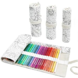 Roletui - Oprolbare Etui - Schooletui - Etui voor potloden, pennen, stiften, kwasten, make up - Canvas - Wit Met Geometrische Dierenprintn - 23x12cm - 12 gaten