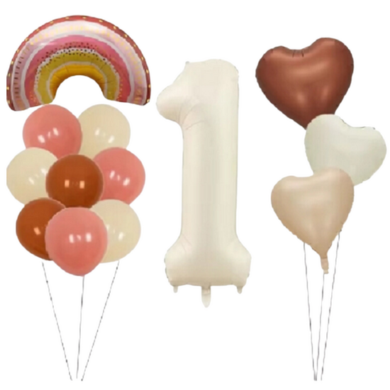 Ballonnen Versiering - Grote Feest Ballonnen Met Regenboog - Ronde Folie Ballonnen - Hartjesballonnen - Cijfer 1 Ballon - Ballonnen Voor 1e Verjaardag - Regenboog Bohemian Stijl - Roze Wit - #1