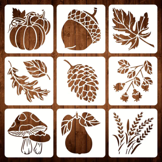 Herfst Sjablonen - Teken Sjablonen Herfst Autum - Hobby Stencils Bladeren Eikels Paddestoel Pompoen - Muurschildering - Tekenen - Verven - Decoratief - 9 Stuks