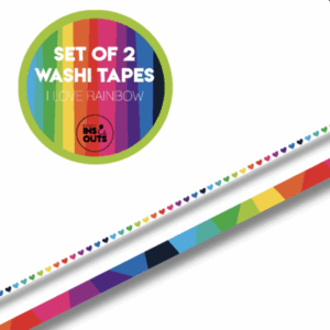 Studio Ins & Outs - Set Van 2 Washi Tape - Rainbow 2.0 - Masking Tape - Decoratieve Plakband Print - Tape Hartjes Print (0,5cm) - Tape Vlakken Print (1cm) - Regenboog Kleuren