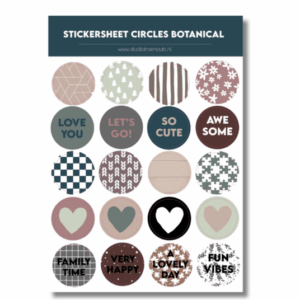 Studio Ins & Outs - Stickervel Cirkels Botanical 2.0 - Botanische Stickers - Tekst & Hartjes & Patronen - Aardetinten - 20 Stickers