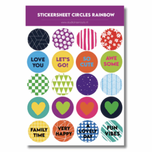Studio Ins & Outs - Stickervel Cirkels Rainbow 2.0 - Pastel Stickers - Tekst & Hartjes & Patronen - Harde Regenboog Kleuren - 20 Stickers