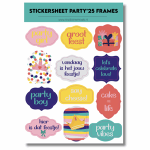 Studio Ins & Outs - Stickervel Frames Party 2025 - Stickers Met Frames En Banners - Feest Tekst Stickers - 12 Party Stickers En Plaatjes
