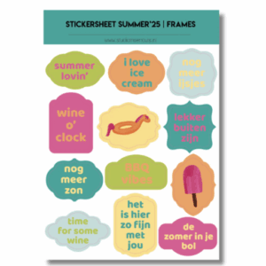 Studio Ins & Outs - Stickervel Frames Summer 2025 - Stickers Met Frames En Banners - Zomer Tekst Stickers - 12 Summer Stickers En Plaatjes