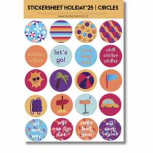 Studio Ins & Outs - Stickervel Cirkels Holiday’25 - Ronde Vakantiestickers - Cirkelstickers - 20 Zomerse Illustraties