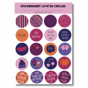 Studio Ins & Outs - Stickervel Cirkels Love 2025 - Ronde Valentijnstickers - Cirkelstickers - 20 Liefde Illustraties