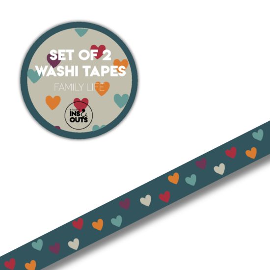 Studio Ins & Outs - Brede Washi Tape - Family Life - Masking Tape - 1,5 cm - Decoratieve Tape - Hartjes in Warme Kleuren - Journaling & Scrapbooking